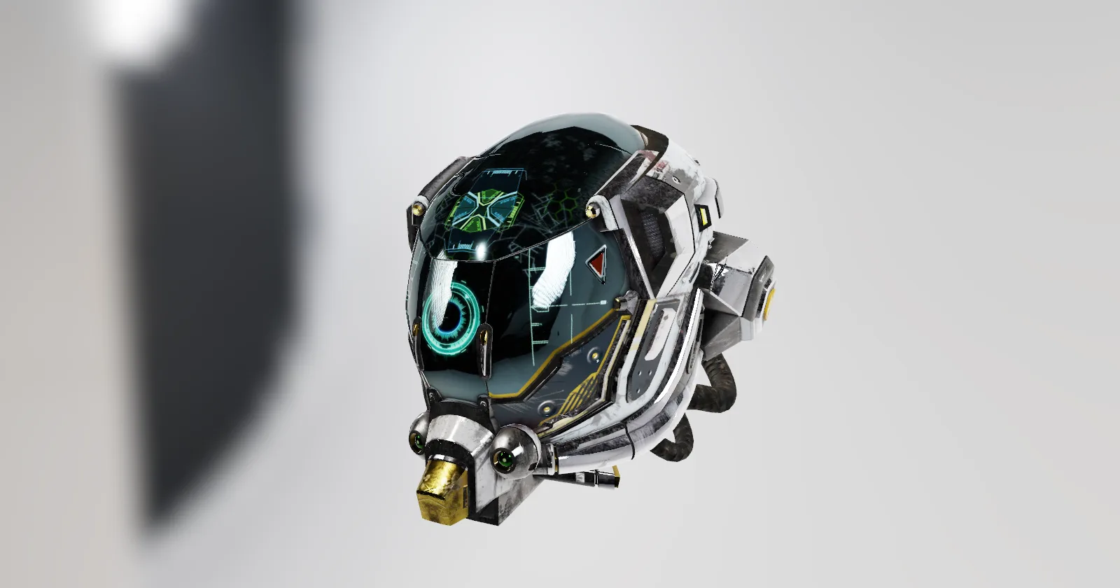 A weathered sci-fi helmet rendered by PixelCore Engine in soft studio light.