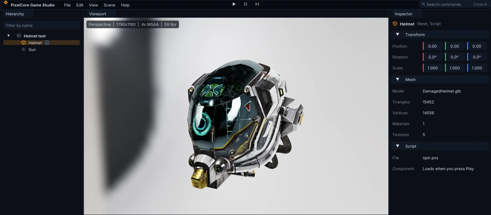 PixelCore Game Studio with a hierarchy panel on the left, the helmet in a live viewport in the middle, and an inspector on the right showing its transform, mesh and script.